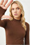 Women's Brown Turtleneck Finger-Looped Long Sleeve Cotton Stretchy Basic Body Blouse