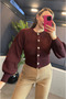 Burgundy Balloon Sleeve Floral Button Detailed Short Cardigan - 8