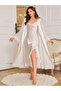 Women's Satin Otrish Feather and Chiffon Detailed Dowry Luxury Nightgown Dressing Gown Set - 2