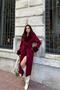 Women's Burgundy Full Length Cashmere Coat with Fur Detailing at Cuffs and Collar Nbstr1033 - 3