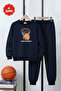3 Thread Round Neck Basketball Hoop Print Detailed Thick Winter Boys' Tracksuit Set