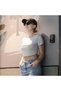 Plain Gray Half Women's Short Sleeve Crop with Black Stitching Detail - 2