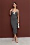Women's Decollete Necklined Midi Dress with Open Back and Back Decoration Ribbed Knit Bise - 3