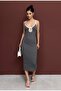Women's Decollete Necklined Midi Dress with Open Back and Back Decoration Ribbed Knit Bise - 6