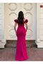 Stretchy Crepe Fabric Front Rose Detail Evening Dress 583348 Fuchsia - 4