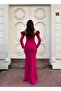 Stretchy Crepe Fabric Front Rose Detail Evening Dress 583348 Fuchsia - 2