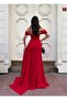Stretchy Crepe Fabric, Sleeve Pleat Detailed Tailed Evening Dress 583379 Red - 4