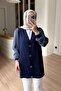 V-Neck Sleeve Detail Mercerized Hijab Cardigan - Navy Blue