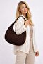 Bitter brown suede half moon women's oval shoulder bag with double zipper closure - 4