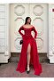 Stretchy Crepe Fabric, Sleeve Pleat Detailed Tailed Evening Dress 583379 Red