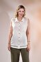 1112071 Women's Plus Size Beige Guipure Striped Blouse with Pockets