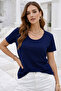 Women's Navy Blue Crew Neck Short Sleeve T-Shirt - 3