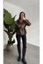 Women's Brown Belted Fur Collar Leather Jacket Winter - 2