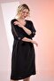 121991 Women's Plus Size Black Collar Sleeve Stone Dress - 2