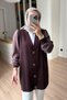 V-Neck Sleeve Detail Mercerized Hijab Cardigan - Brown