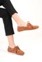 Women's Tan Suede Daily Casual Beaded Tassel Detailed Lace-Up Loafer Ballet Shoes - 4