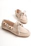 Women's Beige Suede Casual Comfortable Beaded Tassel Detail Lace-Up Loafer Ballet Shoes - 6