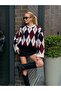 Cream Crew Neck Diamond Patterned Slit Fleece-Lined (Feathered) Women's Oversized Sweater - 2