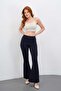 Women's Navy Blue High Waist Spanish Leg Trousers - 7