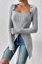 Women's Gray Button Detailed Square Neck Corded Fabric Long Sleeve Blouse with Asymmetric Hem - 6