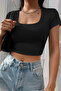 Women's Black Half Sleeve Straight Collar Crop Top Blouse - 6