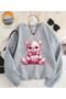 Pink Teddy Bear Print Detailed Crew Neck Sweatshirt