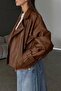 New Season Tan Women's Balloon Sleeve Bomber Leather Jacket - 5