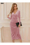 Women's Long Sleeve Double-Breasted Collar Waist Drawstring Detail Midi Velvet Pink Dress