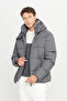 Men's Gray Cotton Standard Fit Regular Cut Hooded Casual Coat with Mock Neck Side Pockets