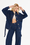 Women's Navy Blue Denim Jacket with Belt Oversized Jean Jacket - 5