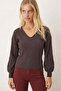 Women's Dark Brown Front Back V-Neck Tie-Up Back Blouse Arm-26K001080 - 2