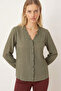 Women's Sage Green Long-Sleeve Blouse with Ruffled Collar and Front, Elasticized Sleeves ARM-25K001030 - 2