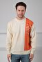 Ecru Crew Neck Stripe Detailed 100% Lamb Wool Men's Knitwear Sweater - 3