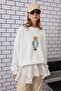 Women's Oversize Sweatshirt Preppy Girl Bear Printed White – Crew Neck, 3 Thread Ribbed - 2