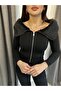 Women's Black Faux Fur Collar Zipper Off Shoulder Strapless Blouse 7613 - 2
