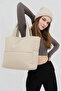 Beige Embossed Cotton Fabric Shopper Bag - School Shoulder Bag - 4