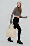 Beige Embossed Cotton Fabric Shopper Bag - School Shoulder Bag - 5