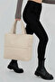 Beige Embossed Cotton Fabric Shopper Bag - School Shoulder Bag