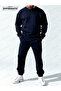 The Hoodless, Navy Blue Tracksuit Is Designed with Original Prints. - 5
