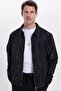 Men's Relax Fit Comfortable Cut Ribbed Zipper Lined Pocket College Black Coat Jacket