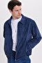 Men's Relax Fit Comfortable Cut Ribbed Zipper Lined Pocket College Indigo Coat Jacket - 2