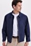 Men's Relax Fit Comfortable Cut Suede Zippered Lined Pocketed Navy Blue College Jacket Coat - 2