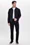 Men's Relax Fit Comfortable Cut Ribbed Zipper Lined Pocket College Black Coat Jacket - 3