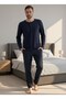 Men's Navy Blue Plaid Pattern 100% Cotton Transitional Long Sleeve Pajama Set with Pockets - 5