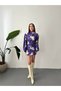 Mini rochie guler ridicat cu model violet - 6