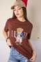 Women's Brown Bear Embroidered Crew Neck Short Sleeve Cotton T-Shirt