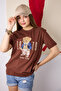 Women's Brown Bear Embroidered Crew Neck Short Sleeve Cotton T-Shirt - 8