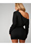 Women's Black One Shoulder Long Sleeve Stretch Fabric Shirred Bodycon Mini Dress - 4