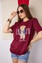 Women's Burgundy Bear Embroidered Crew Neck Short Sleeve Cotton T-Shirt - 4