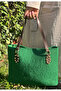 Handmade Faux Leather Handle Straw Look Green Tote Bag Handmade - 2